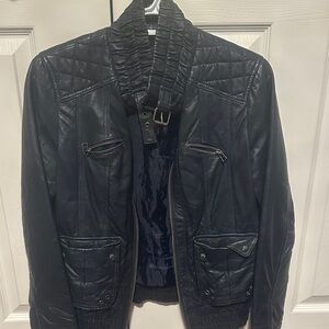 Women's navy dark blue leather Jacket. Size L but it’s more M